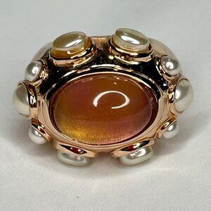Vintage Gold-Tone Cocktail Ring With Faux Pearls & Amber-Colored Center Stone